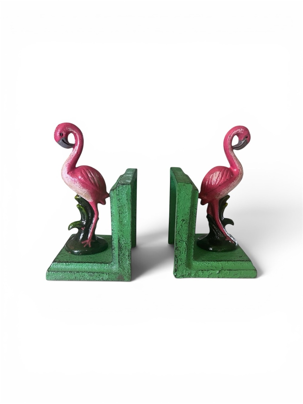 Antique Pink Flamingo on Green Bookends